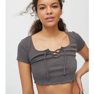 NWT UO Lace-Up Crop Lettuce Edge Babydoll T-Shirt